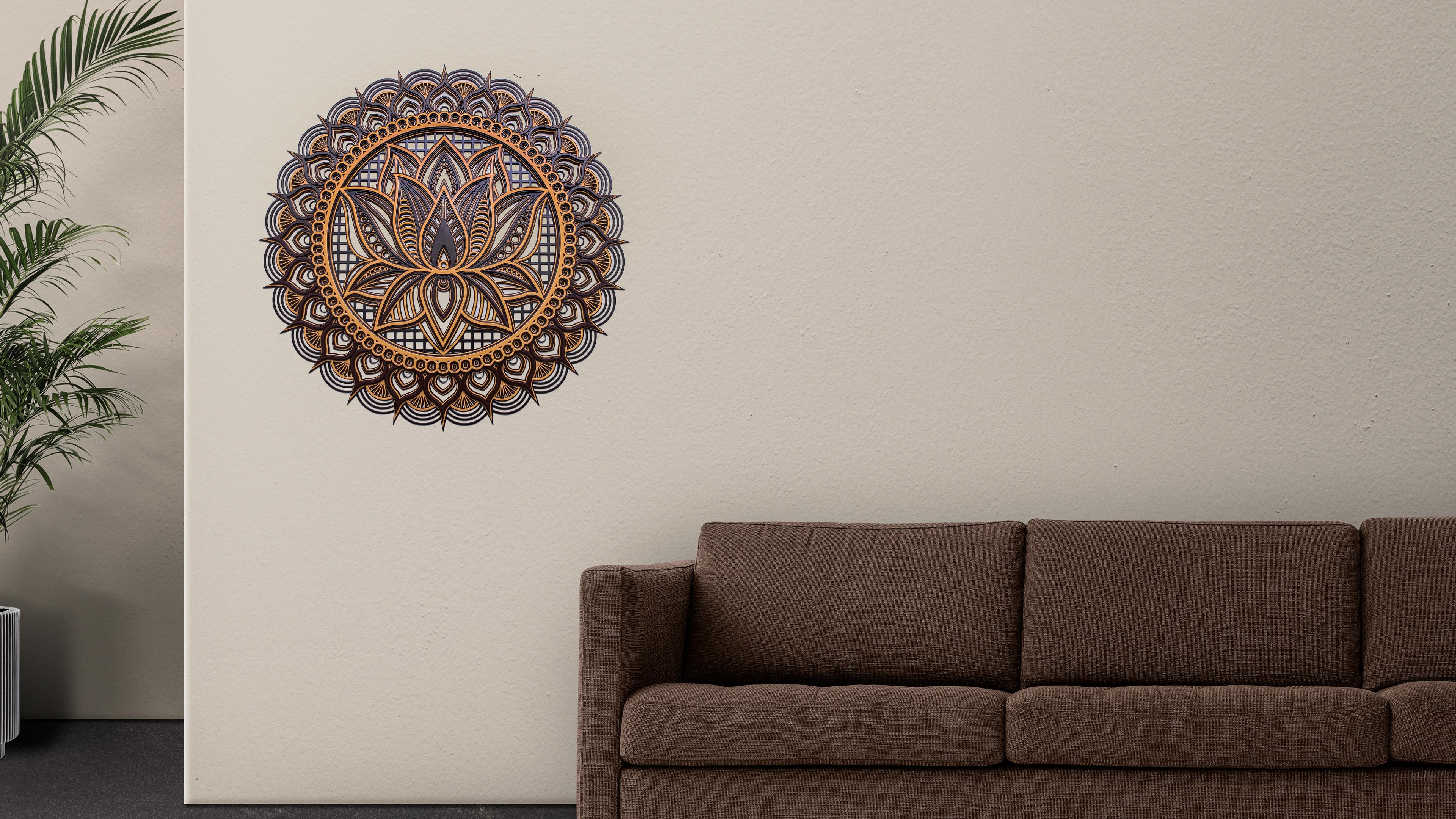 Brown and bronze mandala featuring intricate floral carvings around a lotus.