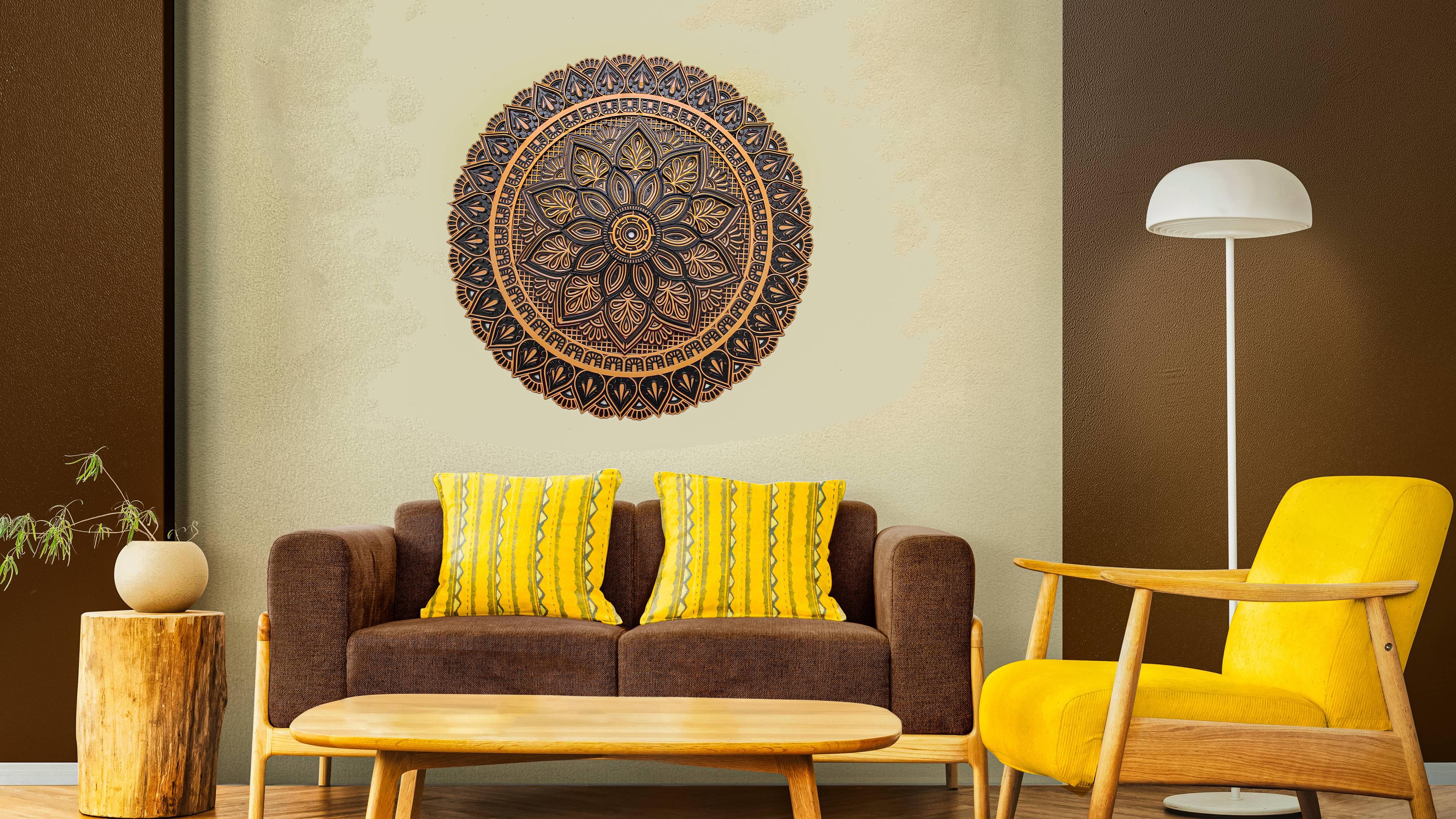 Classic brown and gold mandala wall art with a detailed floral centerpiece.