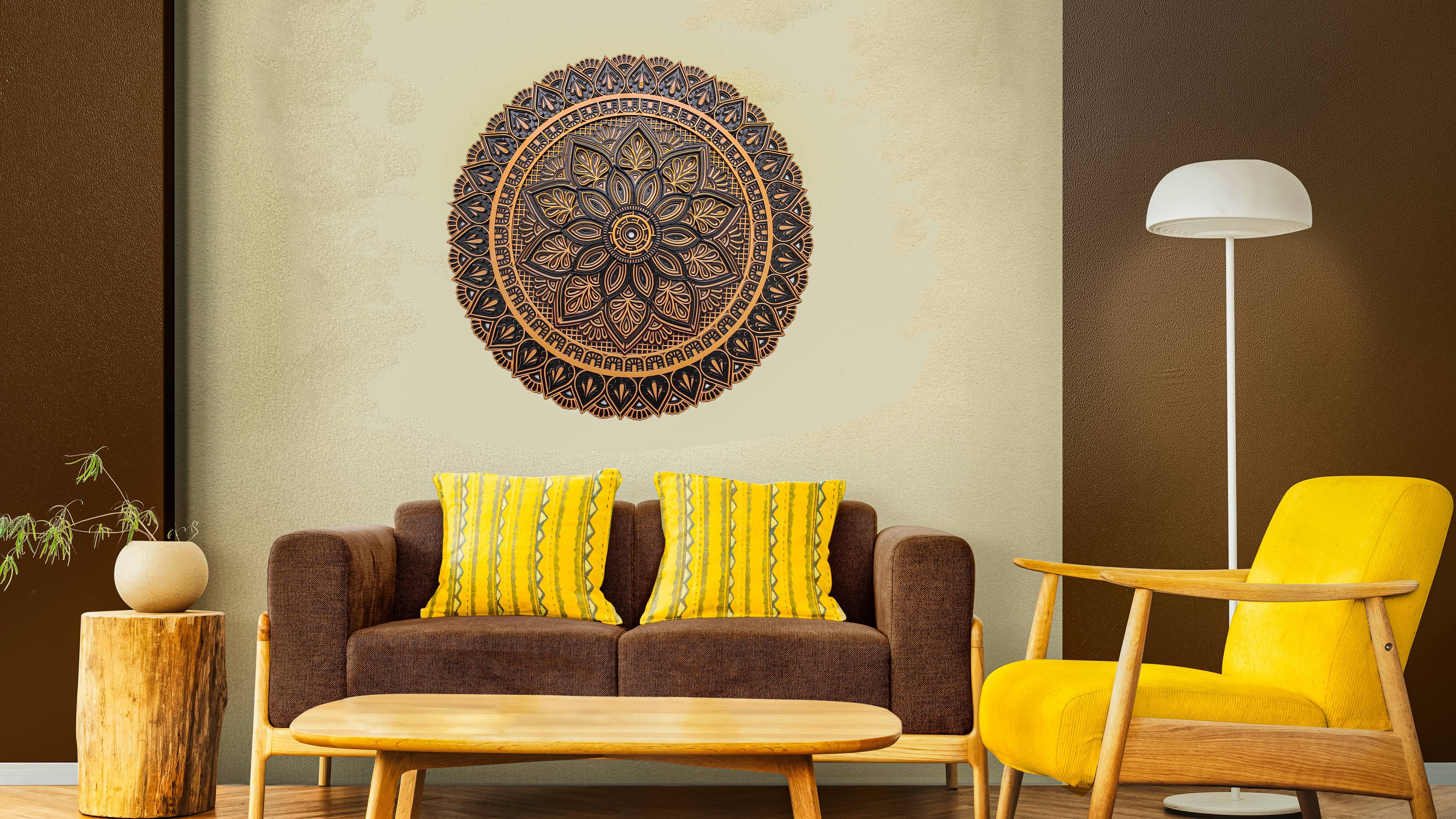 Classic brown and gold mandala wall art with a detailed floral centerpiece.