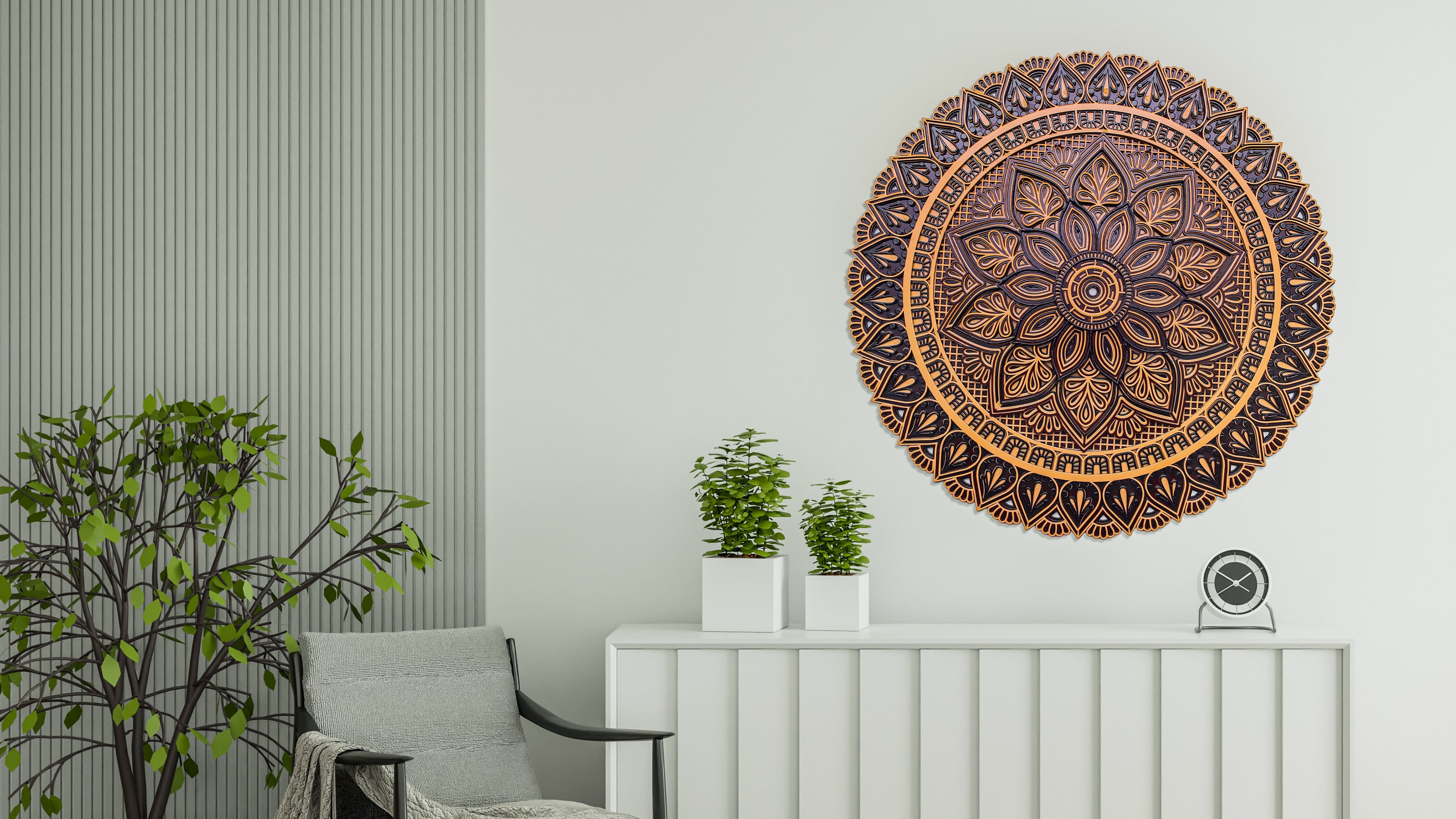 Close-up of dark brown mandala with golden highlights on floral patterns.