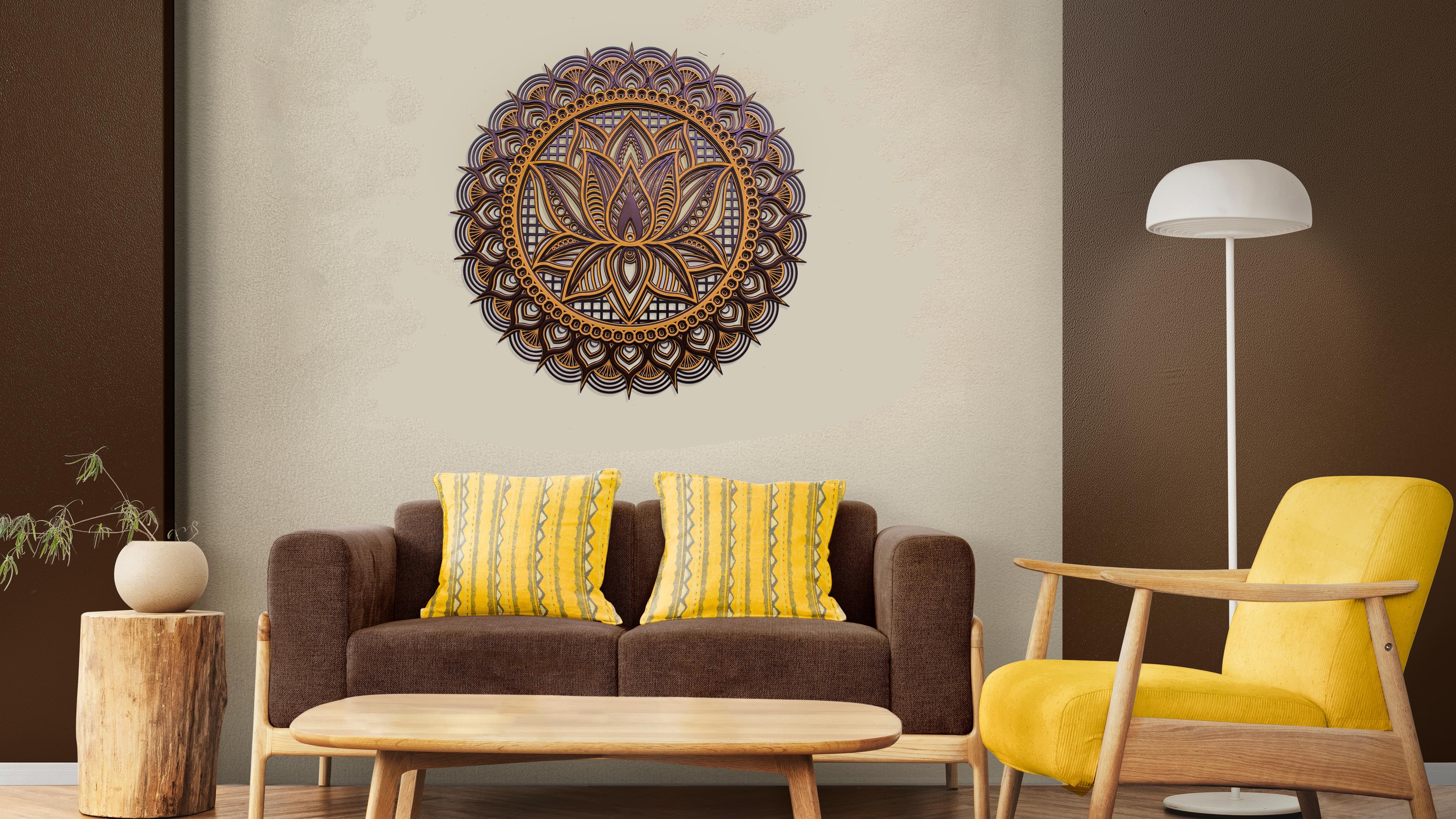Brown and bronze mandala with a bold lotus centerpiece, top view.
