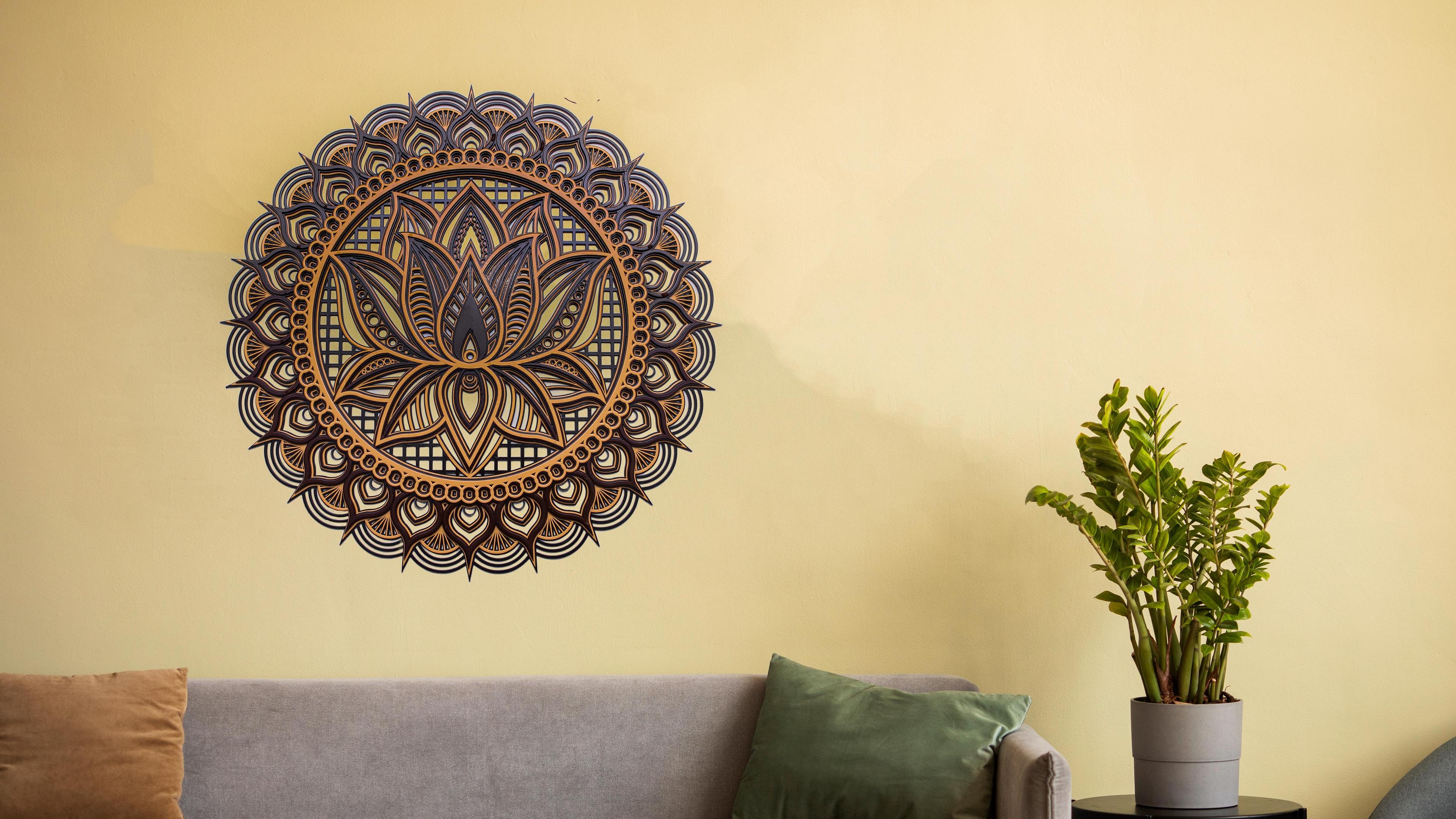 Ornamental brown and bronze circular lotus mandala for traditional decor.