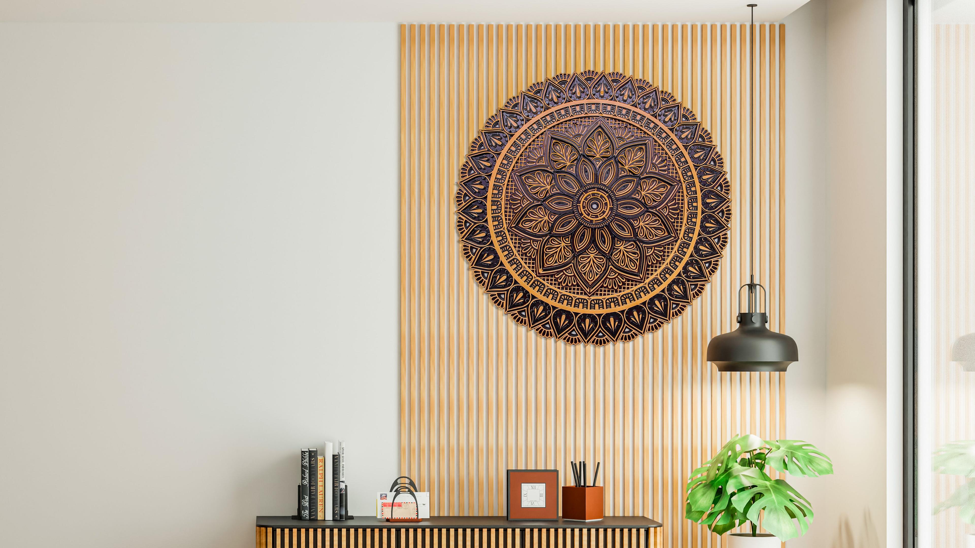 Ornamental dark brown and gold mandala, perfect for traditional interiors.